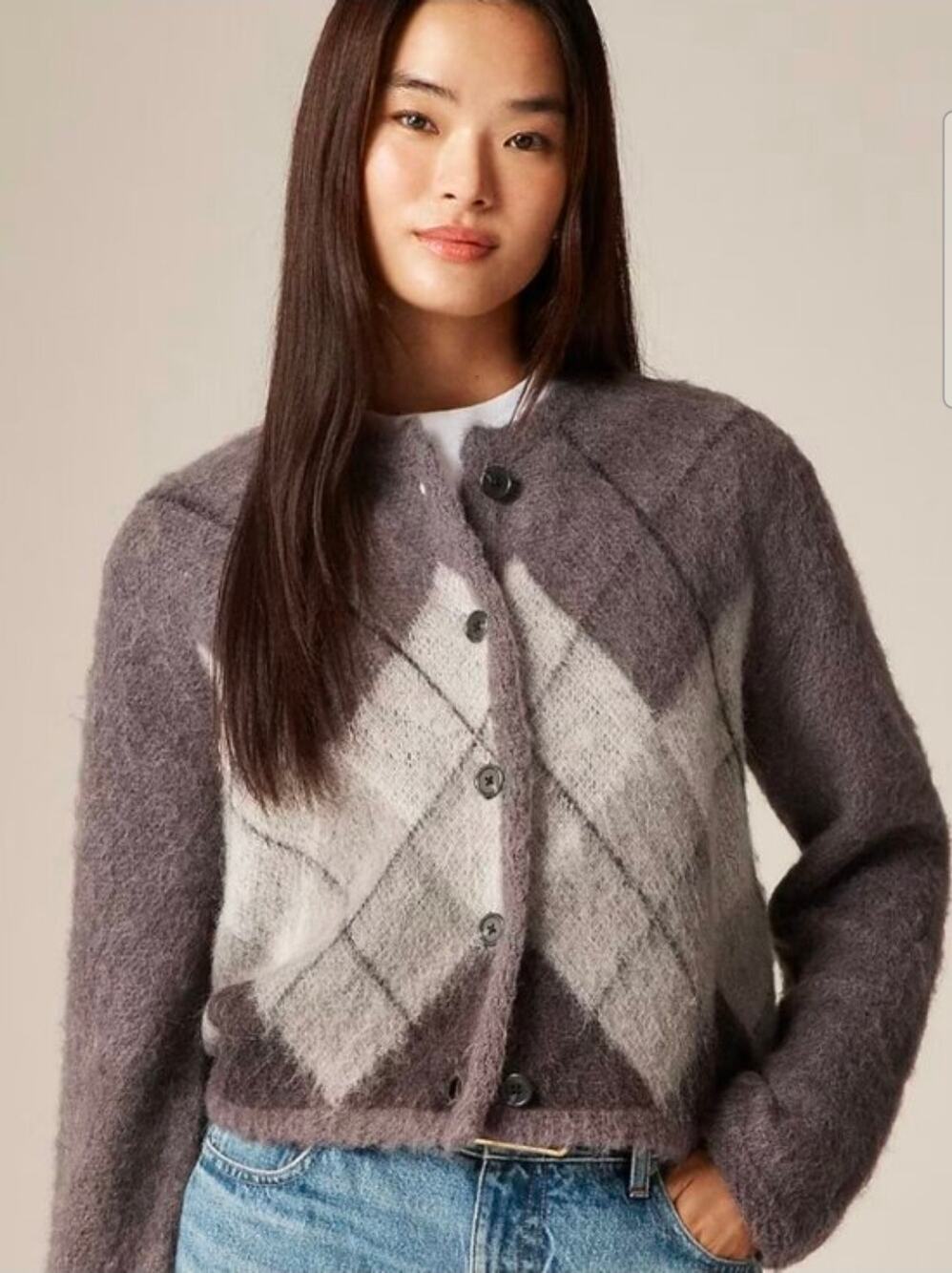 J.Crew Mainline Argyle Wool-Alpaca Blend Fuzzy Cardigan Sweater (Style CO885)